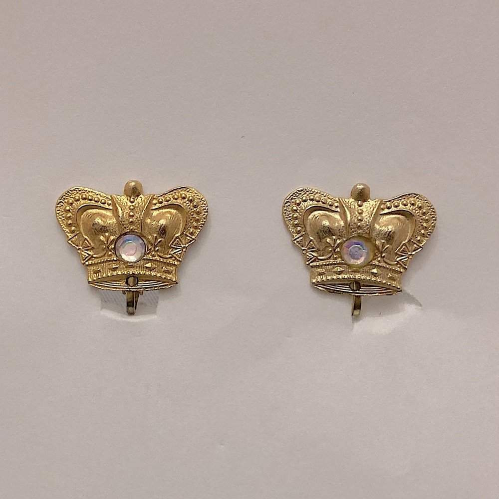 ⭐️ Vintage Gold Crown And Rhinestone Screw-Back Clip-On Stud Earrings